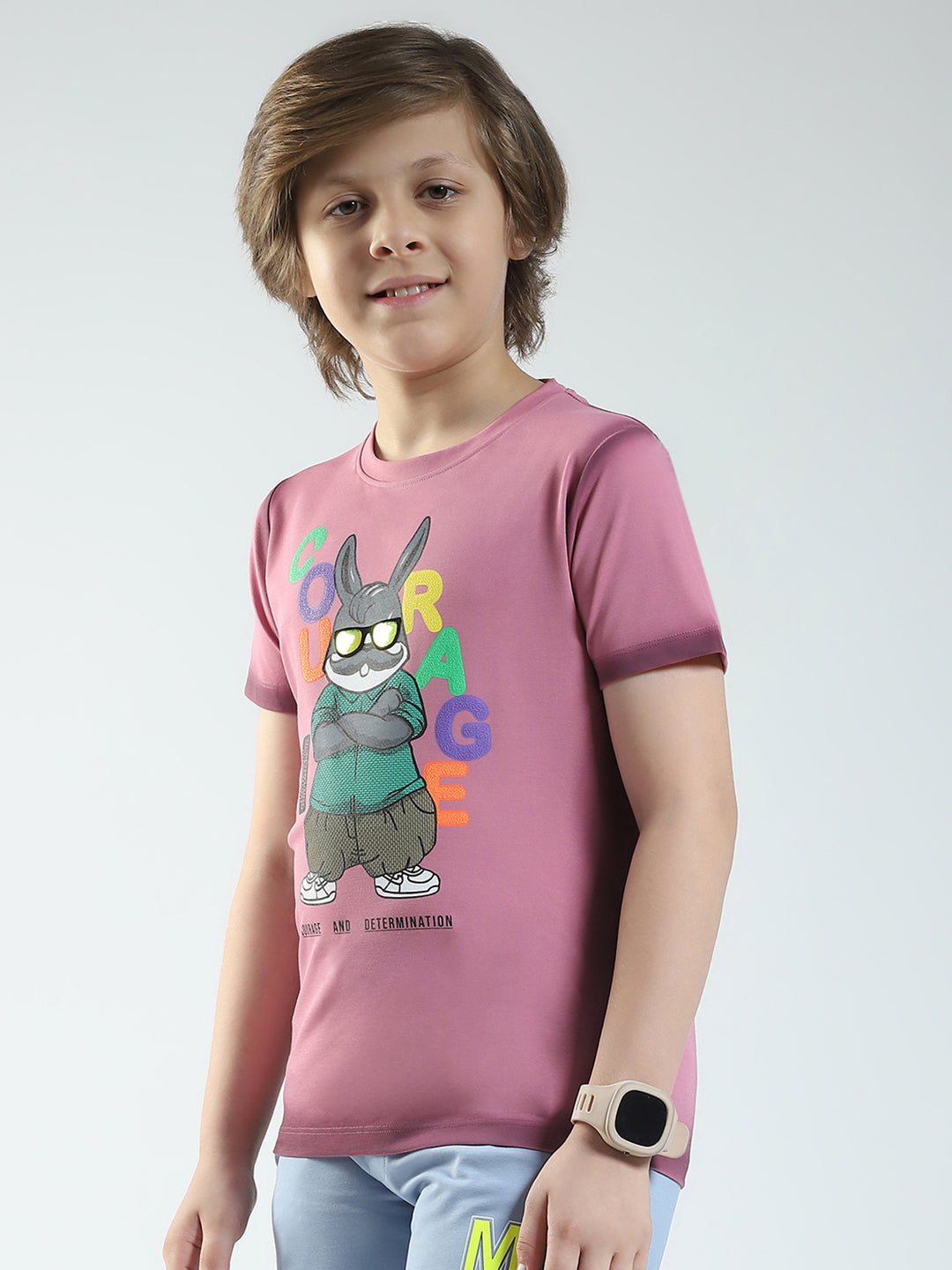 Boys Pink Printed Round Neck Half Sleeve T-Shirt