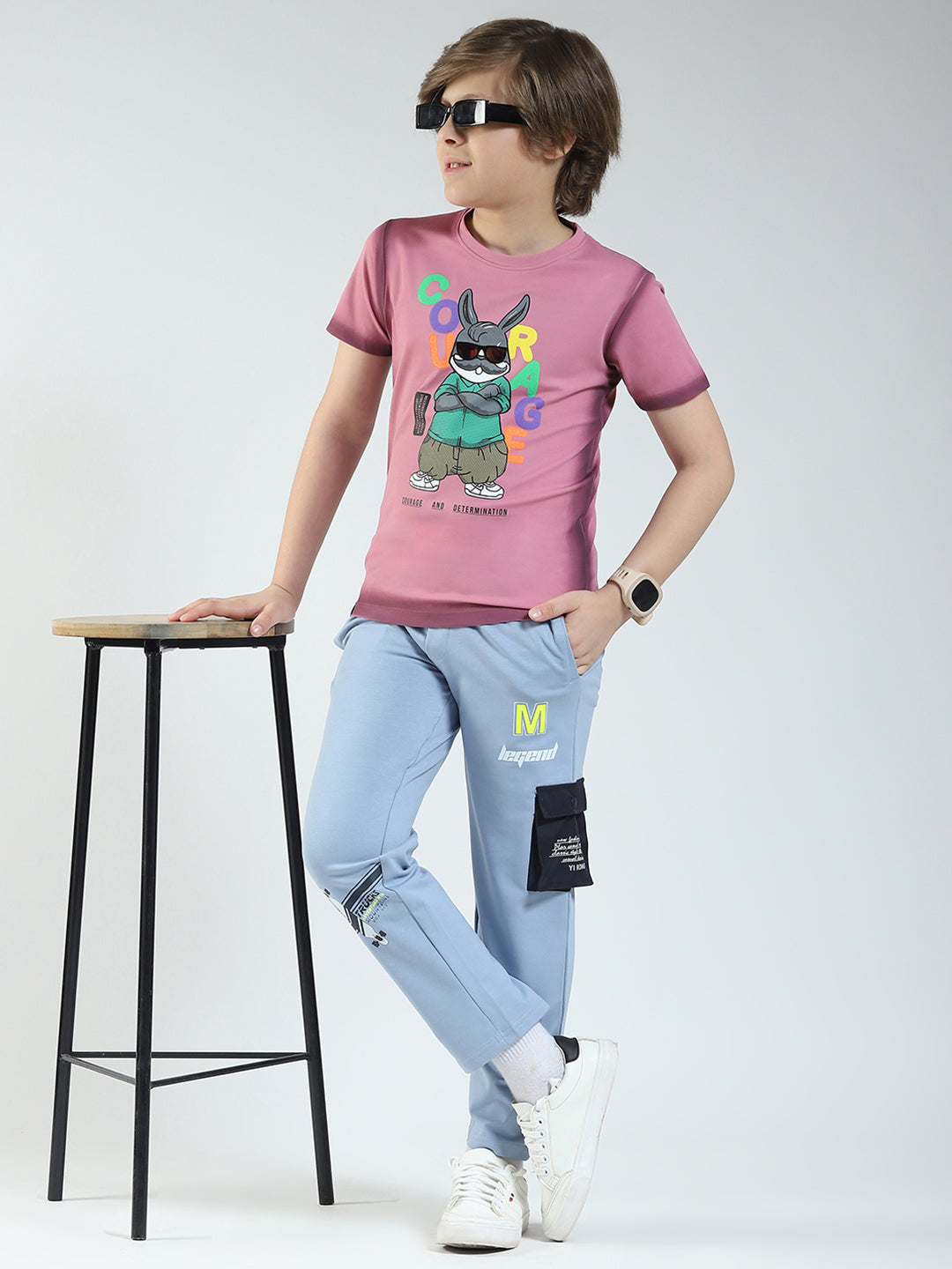 Boys Pink Printed Round Neck Half Sleeve T-Shirt