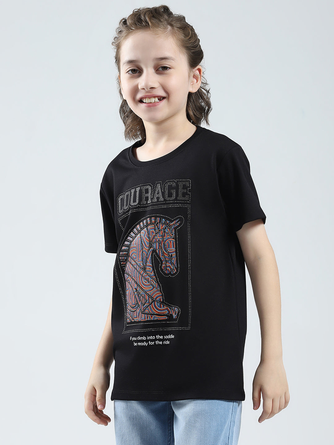 Boys Black Printed Round Neck Half Sleeve T-Shirt