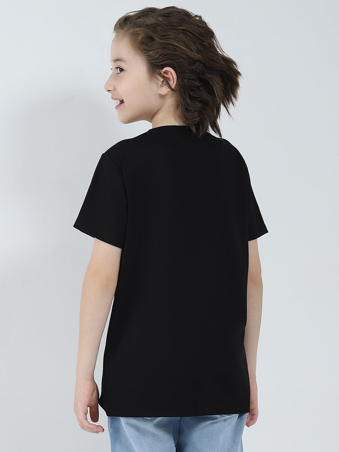 Boys Black Printed Round Neck Half Sleeve T-Shirt