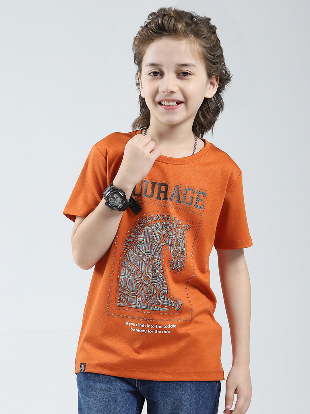 Boys Orange Printed Round Neck Half Sleeve T-Shirt