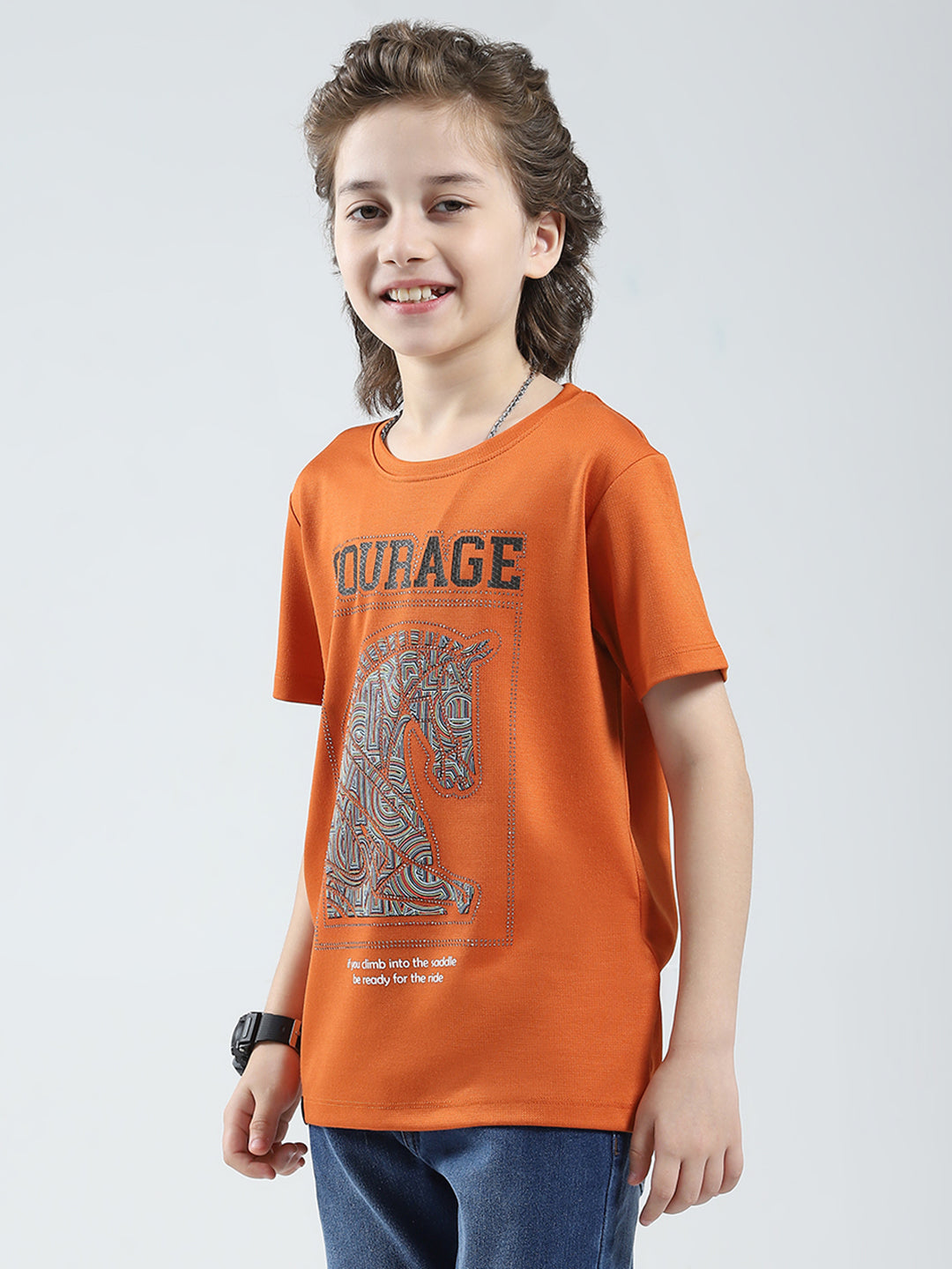 Boys Orange Printed Round Neck Half Sleeve T-Shirt