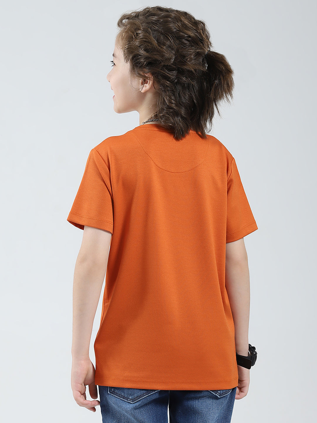 Boys Orange Printed Round Neck Half Sleeve T-Shirt