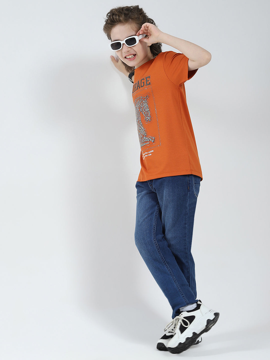 Boys Orange Printed Round Neck Half Sleeve T-Shirt