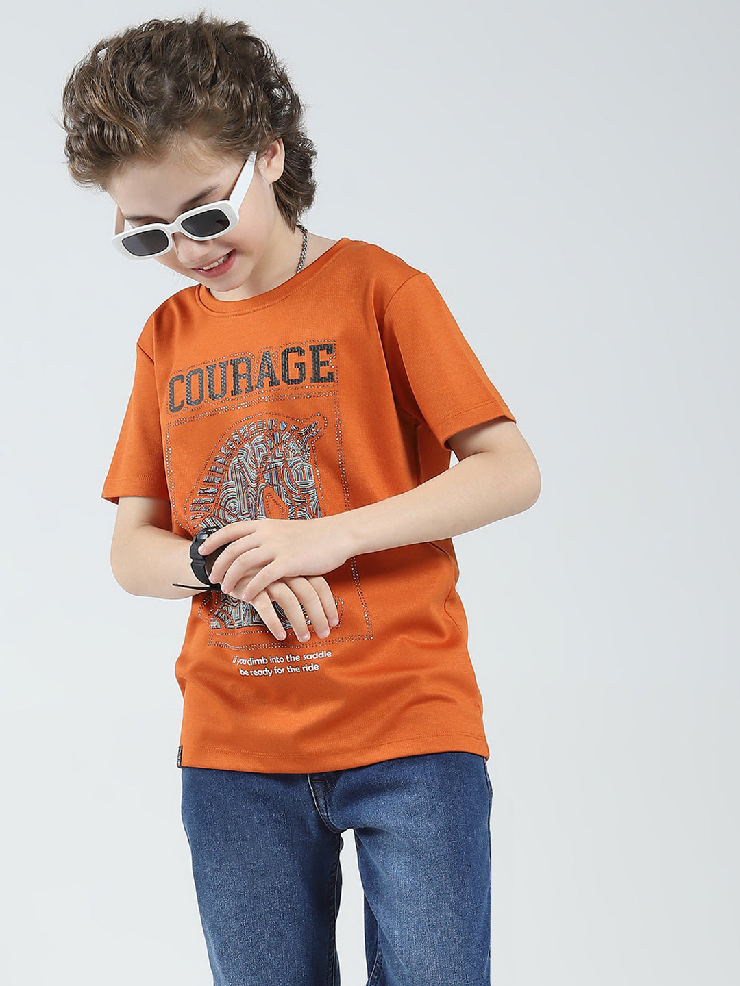 Boys Orange Printed Round Neck Half Sleeve T-Shirt