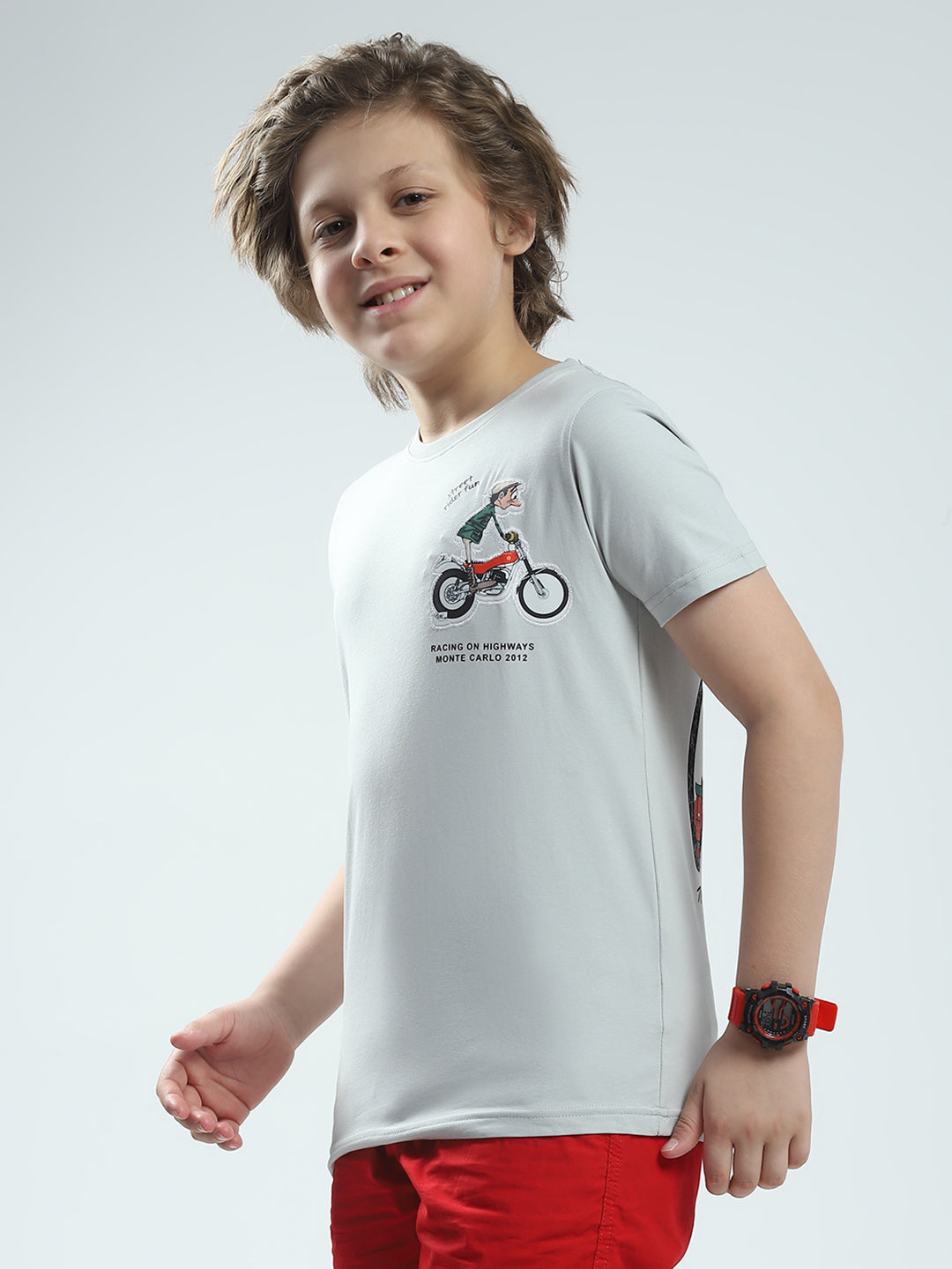 Boys Grey Printed Round Neck Half Sleeve T-Shirt