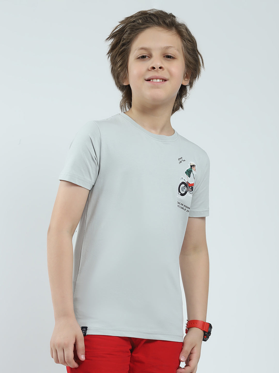 Boys Grey Printed Round Neck Half Sleeve T-Shirt