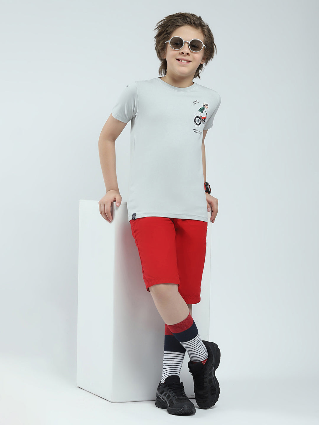 Boys Grey Printed Round Neck Half Sleeve T-Shirt