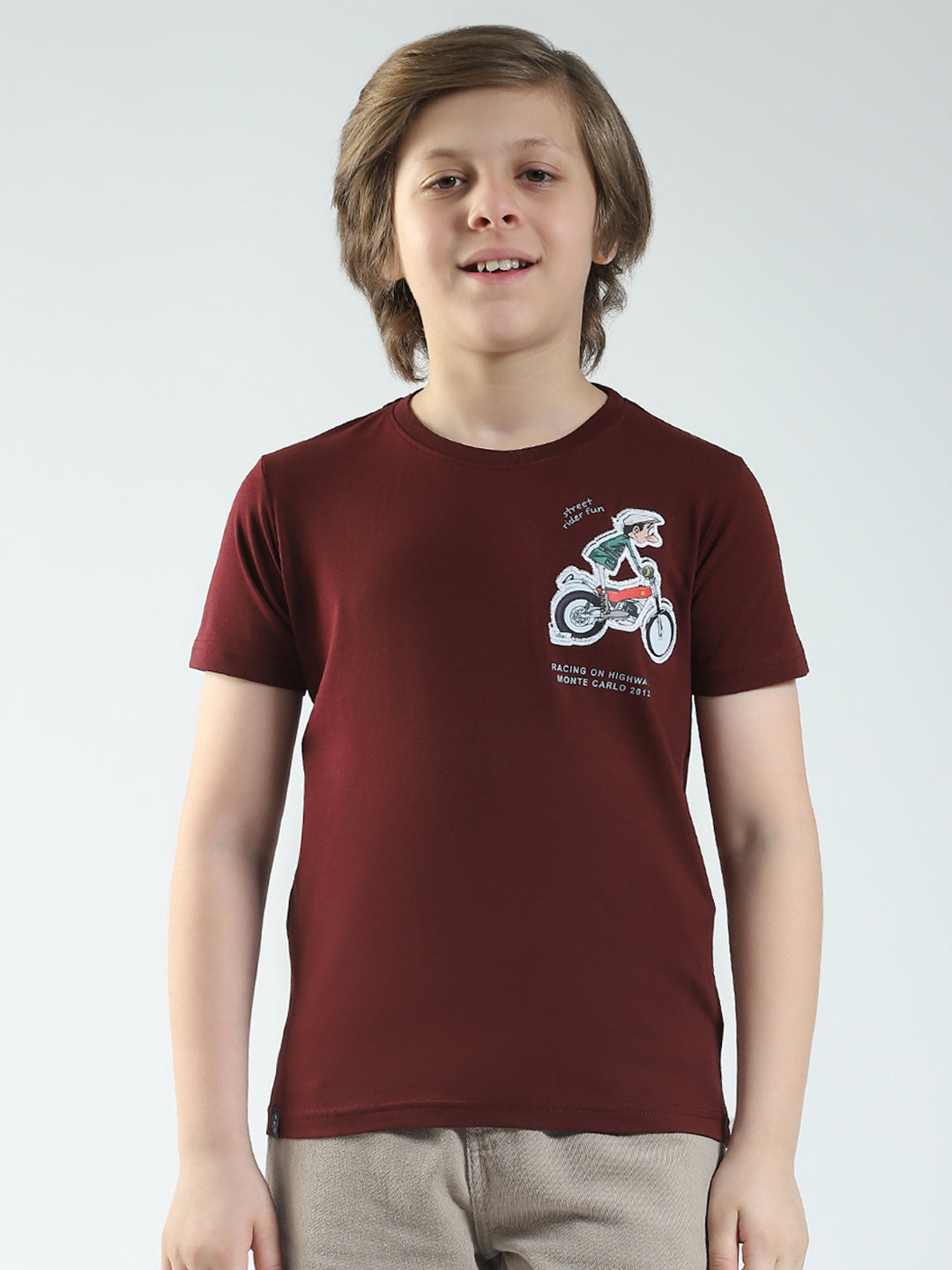 Boys Maroon Printed Round Neck Half Sleeve T-Shirt