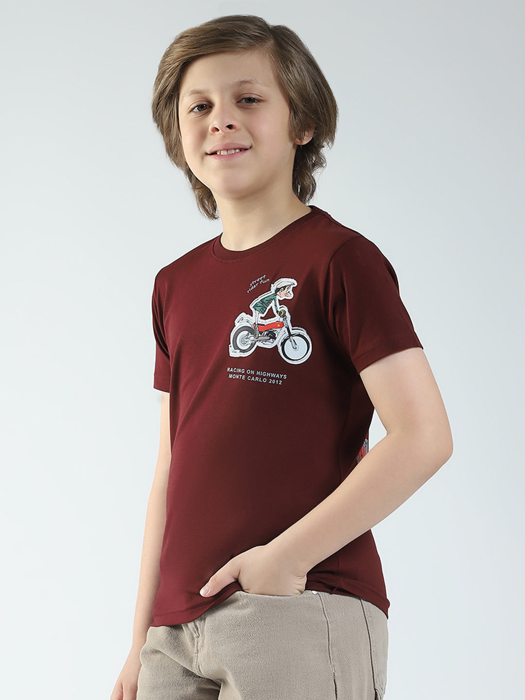 Boys Maroon Printed Round Neck Half Sleeve T-Shirt