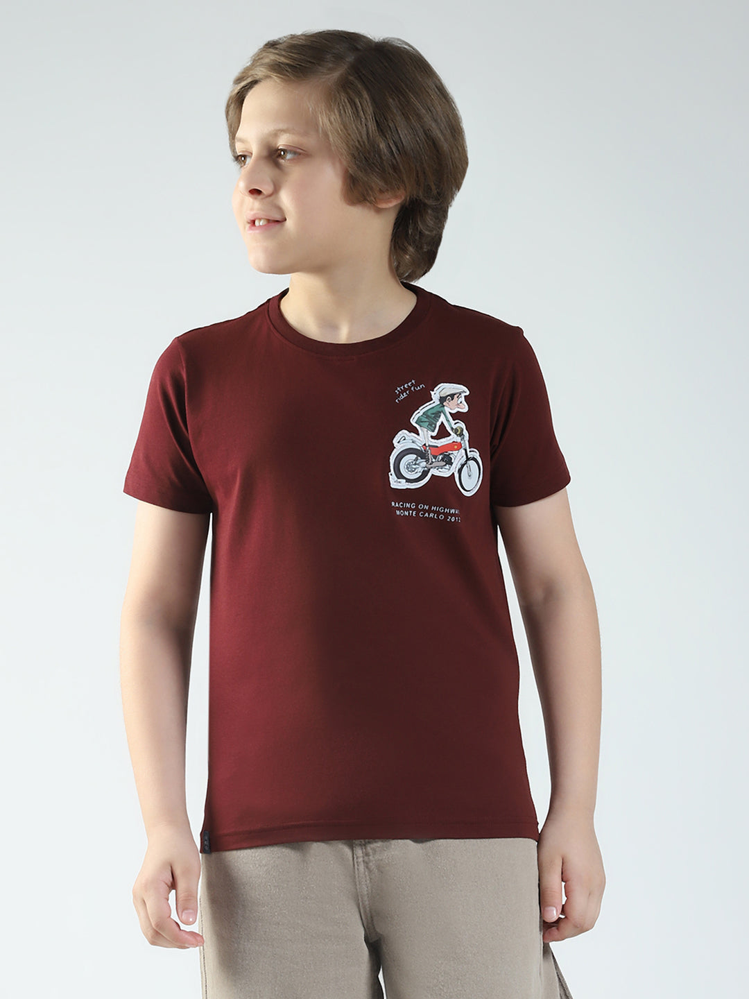 Boys Maroon Printed Round Neck Half Sleeve T-Shirt