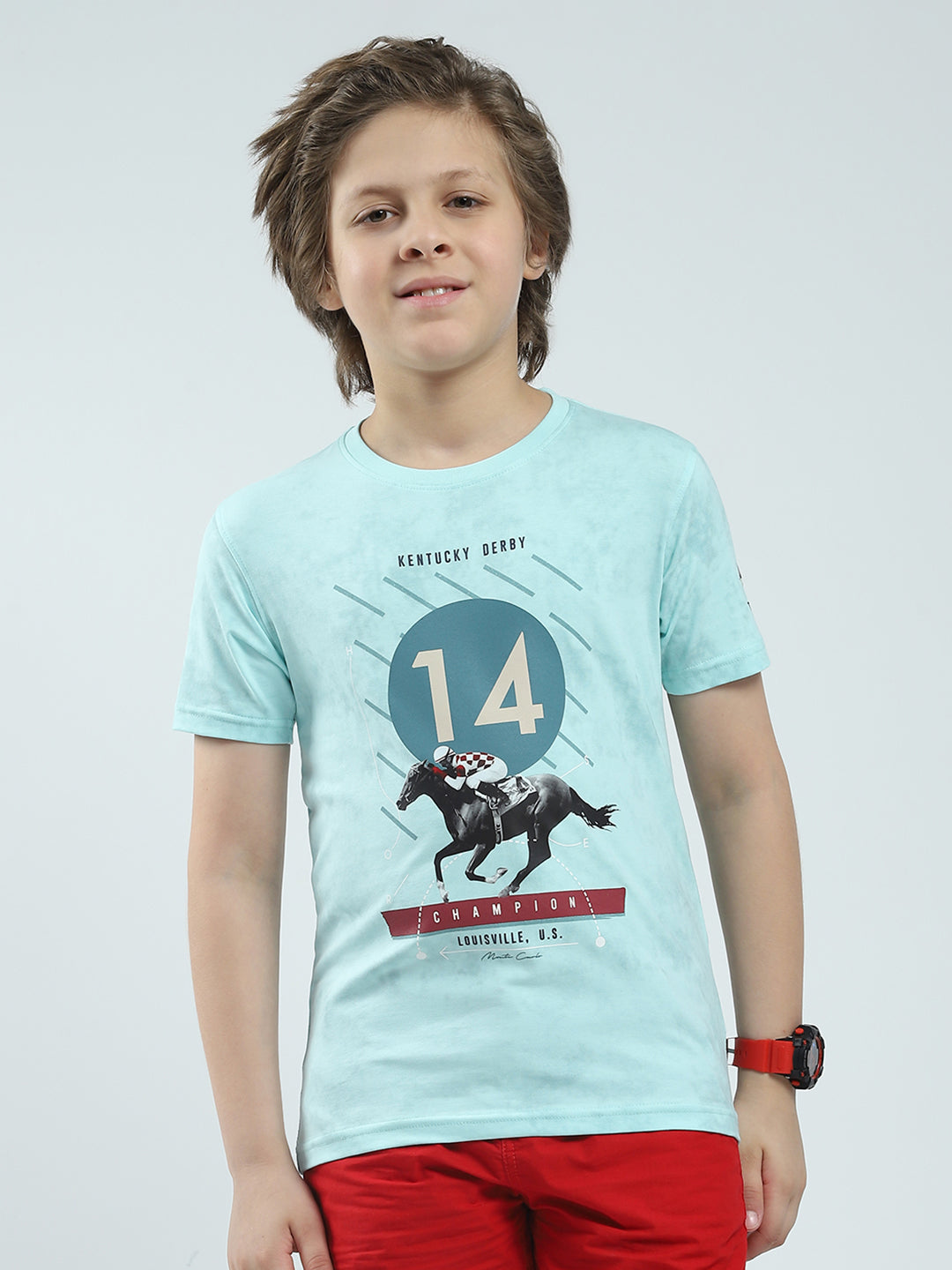 Boys Blue Printed Round Neck Half Sleeve T-Shirt