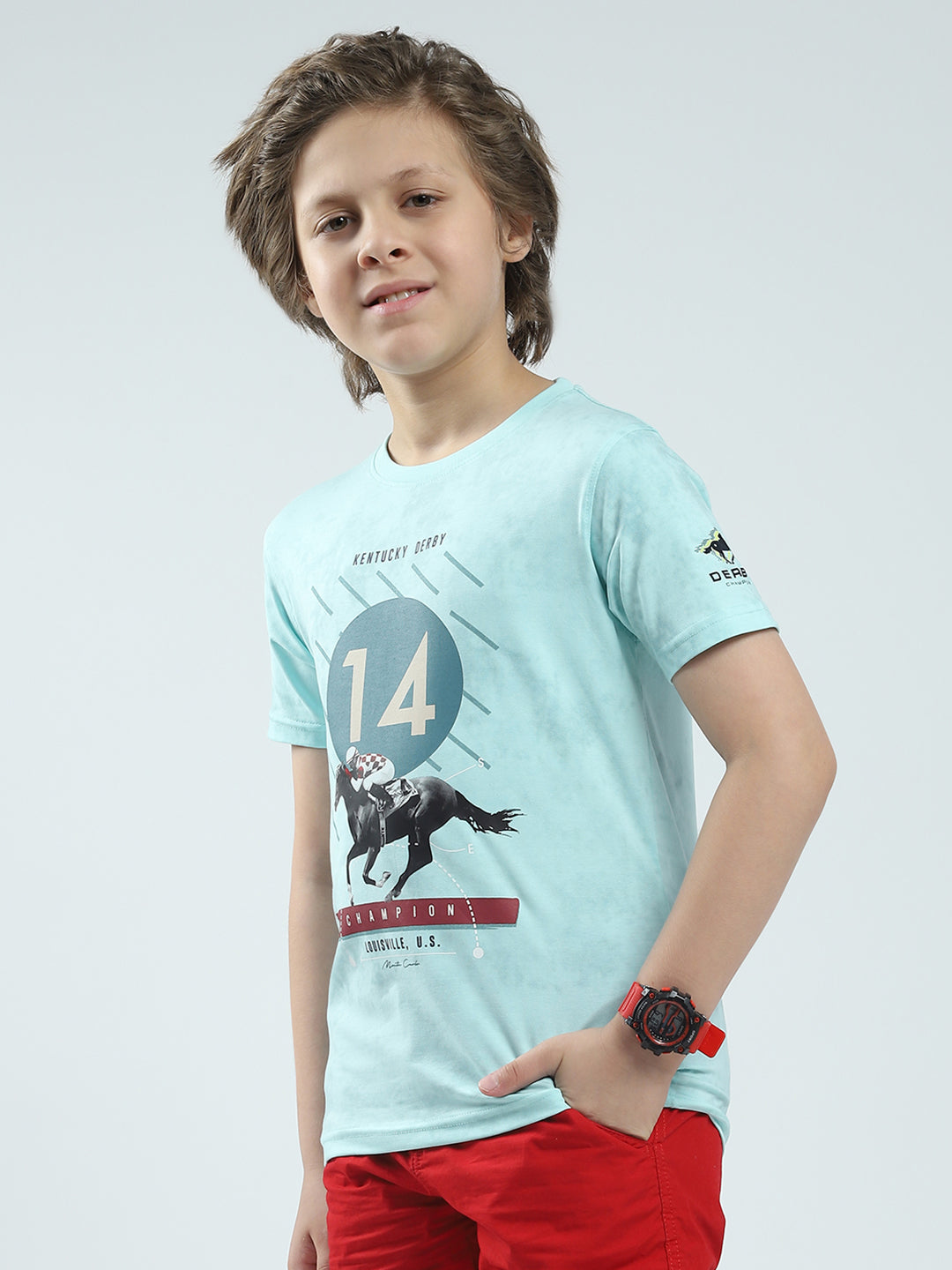 Boys Blue Printed Round Neck Half Sleeve T-Shirt