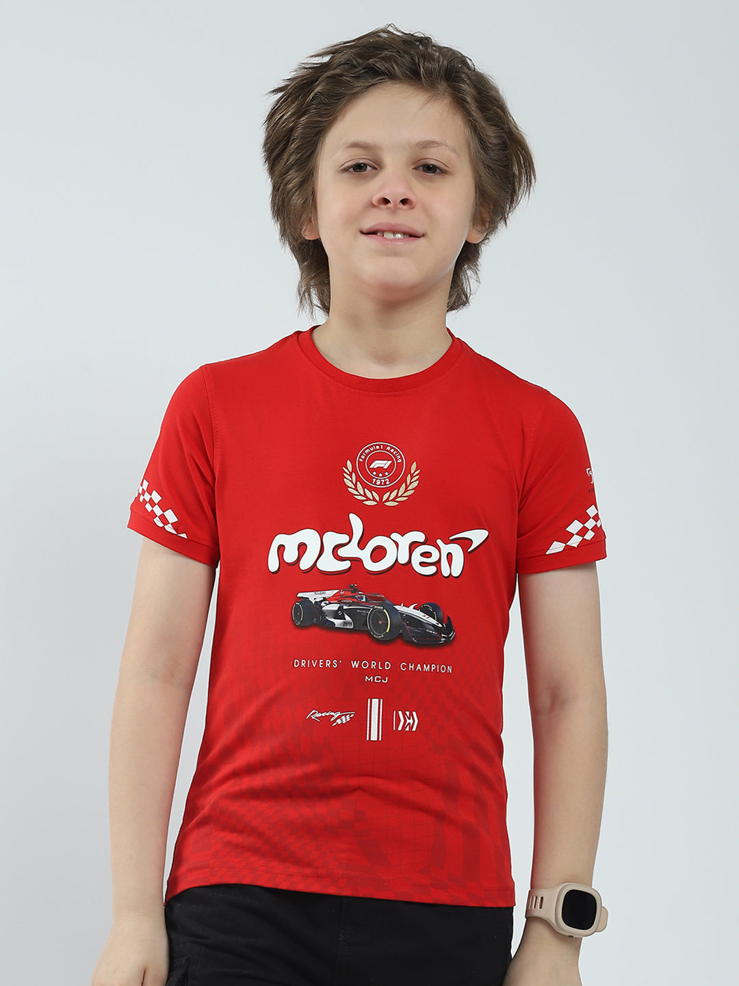 Boys Red Printed Round Neck Half Sleeve T-Shirt