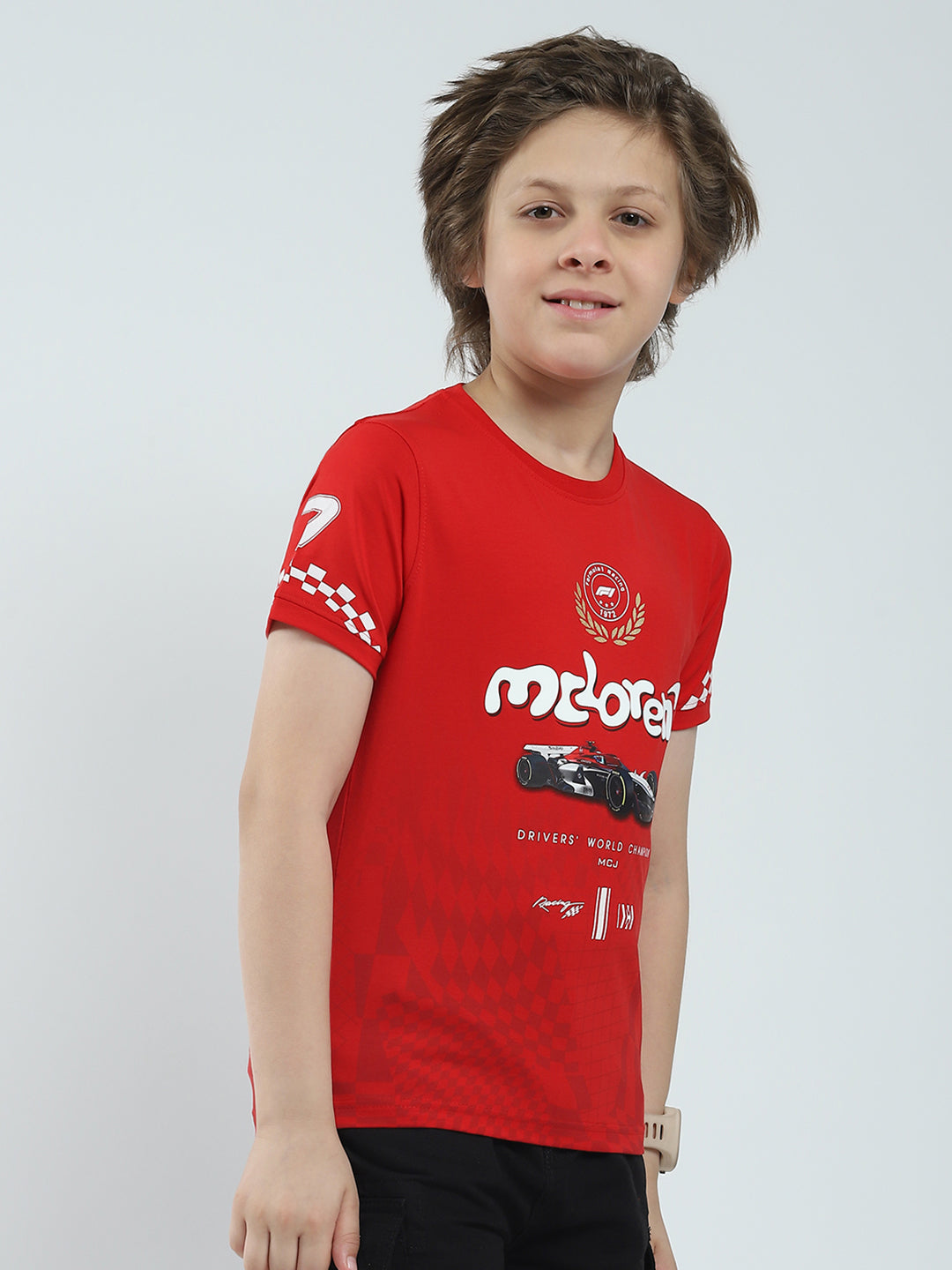 Boys Red Printed Round Neck Half Sleeve T-Shirt