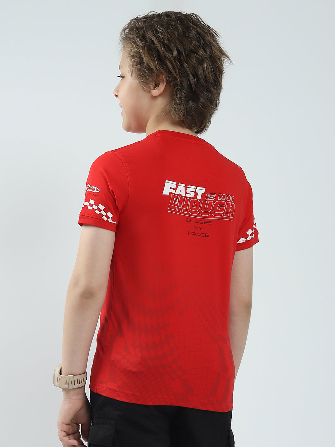 Boys Red Printed Round Neck Half Sleeve T-Shirt