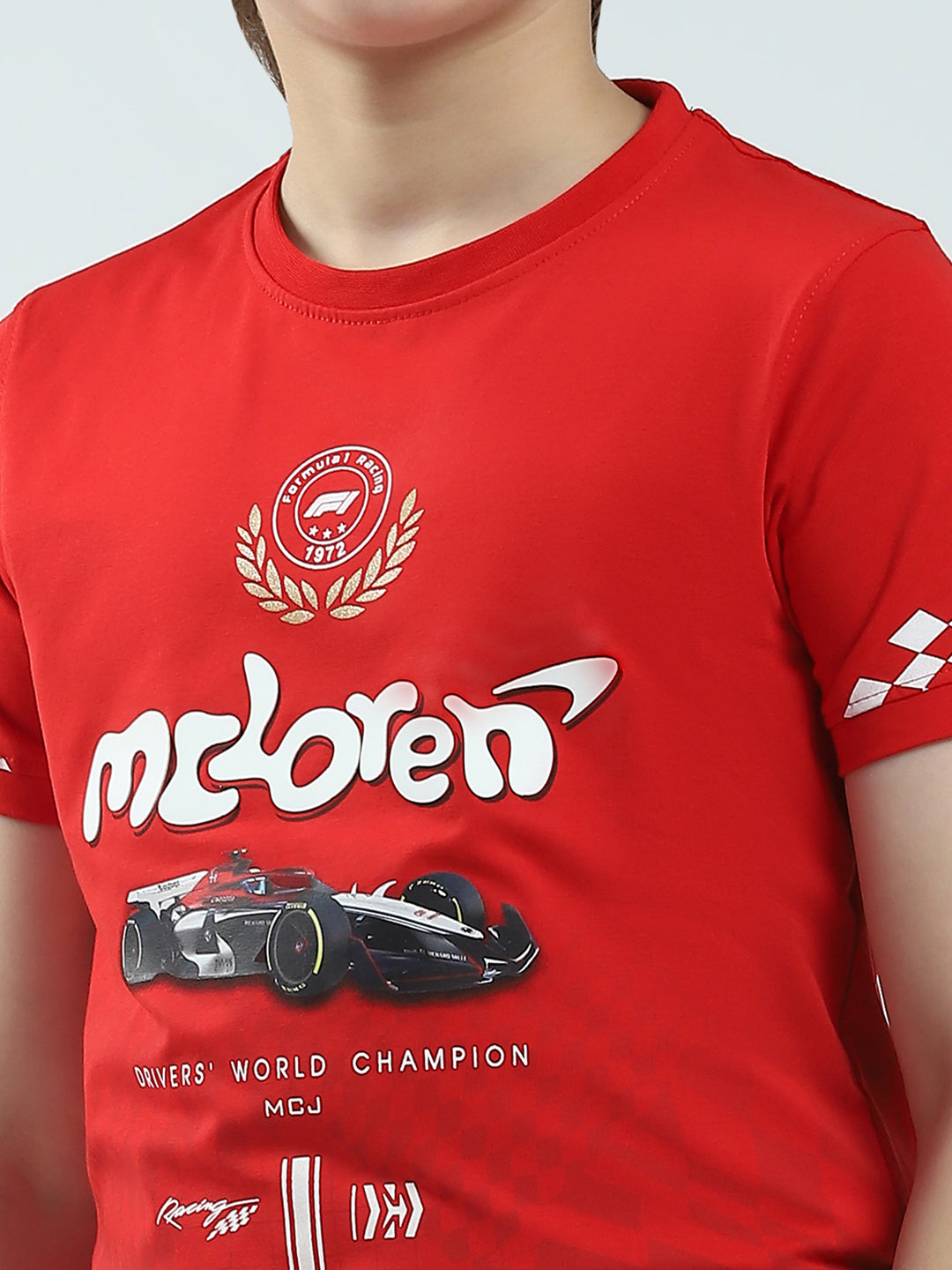 Boys Red Printed Round Neck Half Sleeve T-Shirt