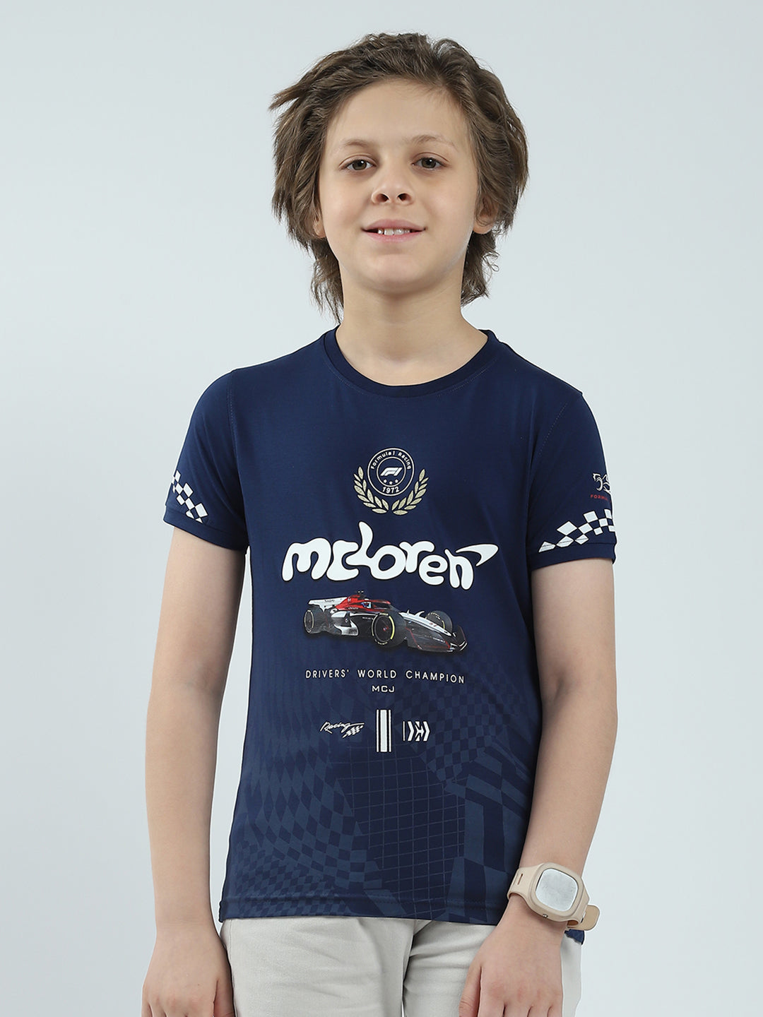 Boys Navy Blue Printed Round Neck Half Sleeve T-Shirt