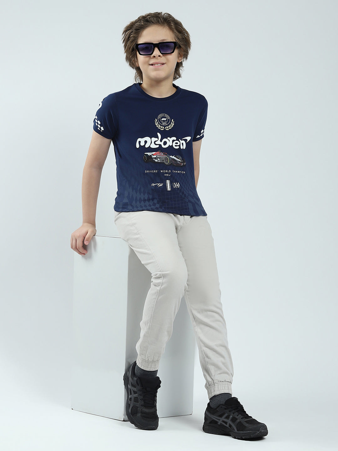 Boys Navy Blue Printed Round Neck Half Sleeve T-Shirt