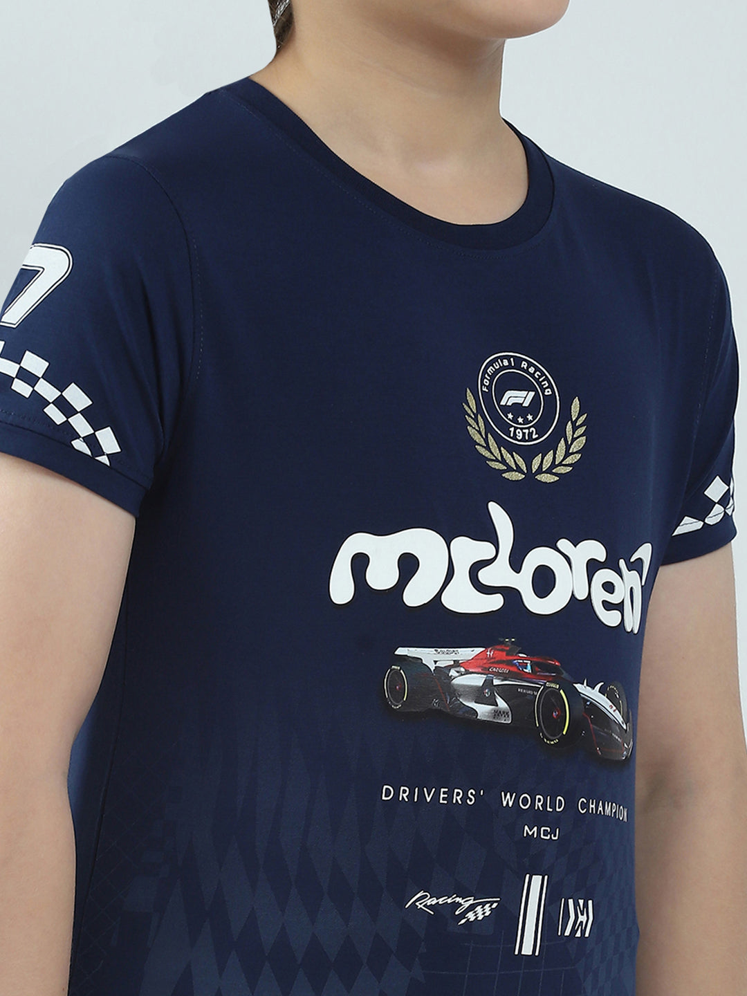 Boys Navy Blue Printed Round Neck Half Sleeve T-Shirt
