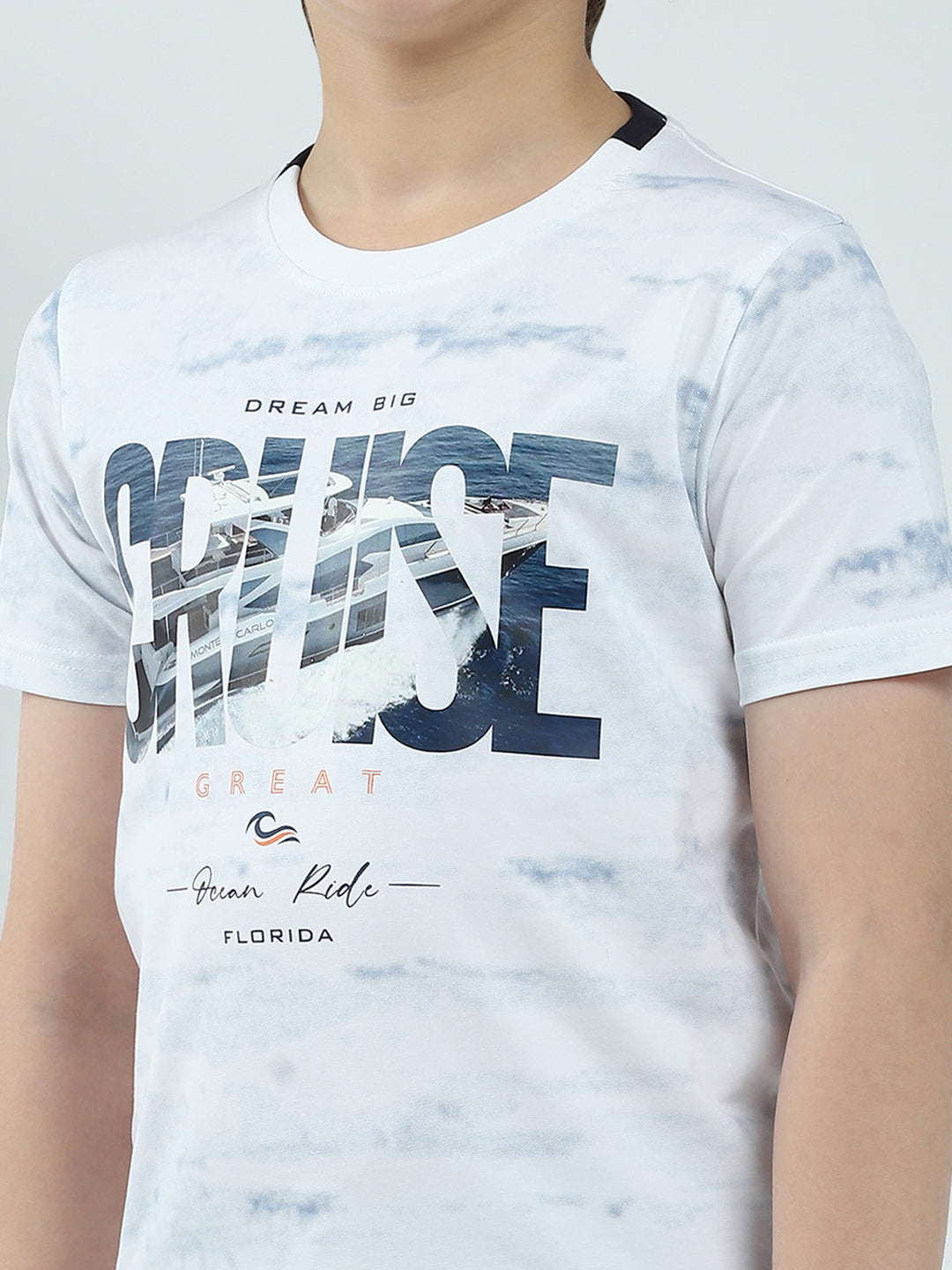 Boys White Printed Round Neck Half Sleeve T-Shirt