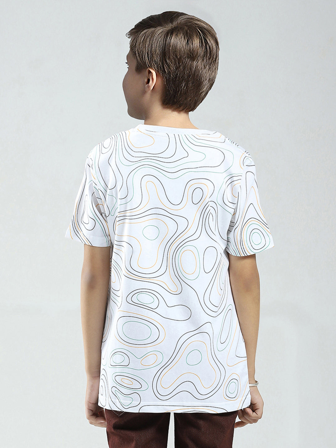 Boys White Printed Round Neck Half Sleeve T-Shirt