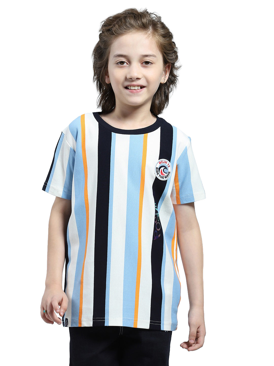 Boys Sky Blue Stripe Round Neck Half Sleeve T-Shirt