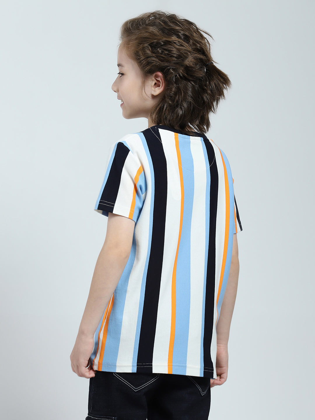 Boys Sky Blue Stripe Round Neck Half Sleeve T-Shirt