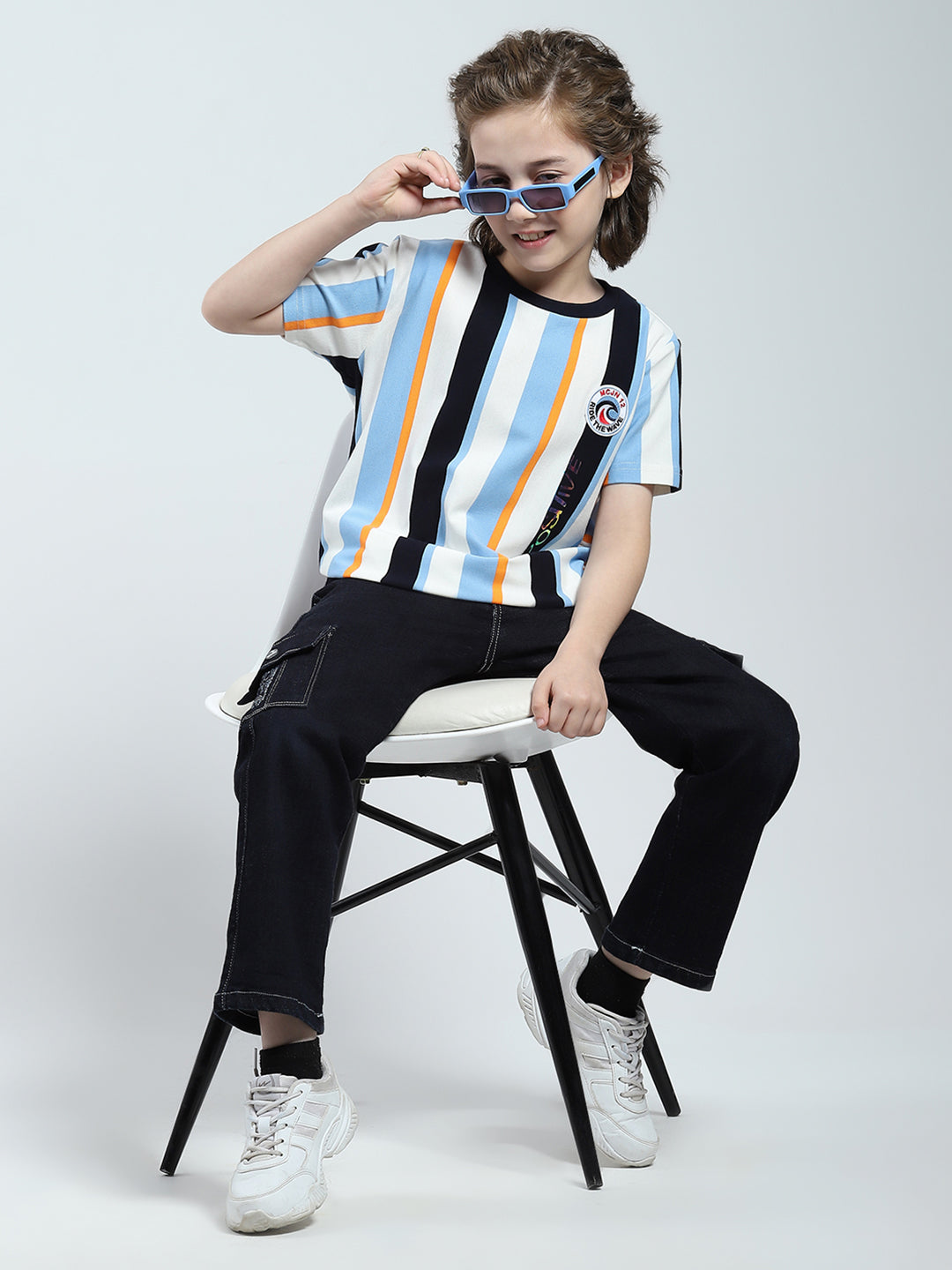 Boys Sky Blue Stripe Round Neck Half Sleeve T-Shirt