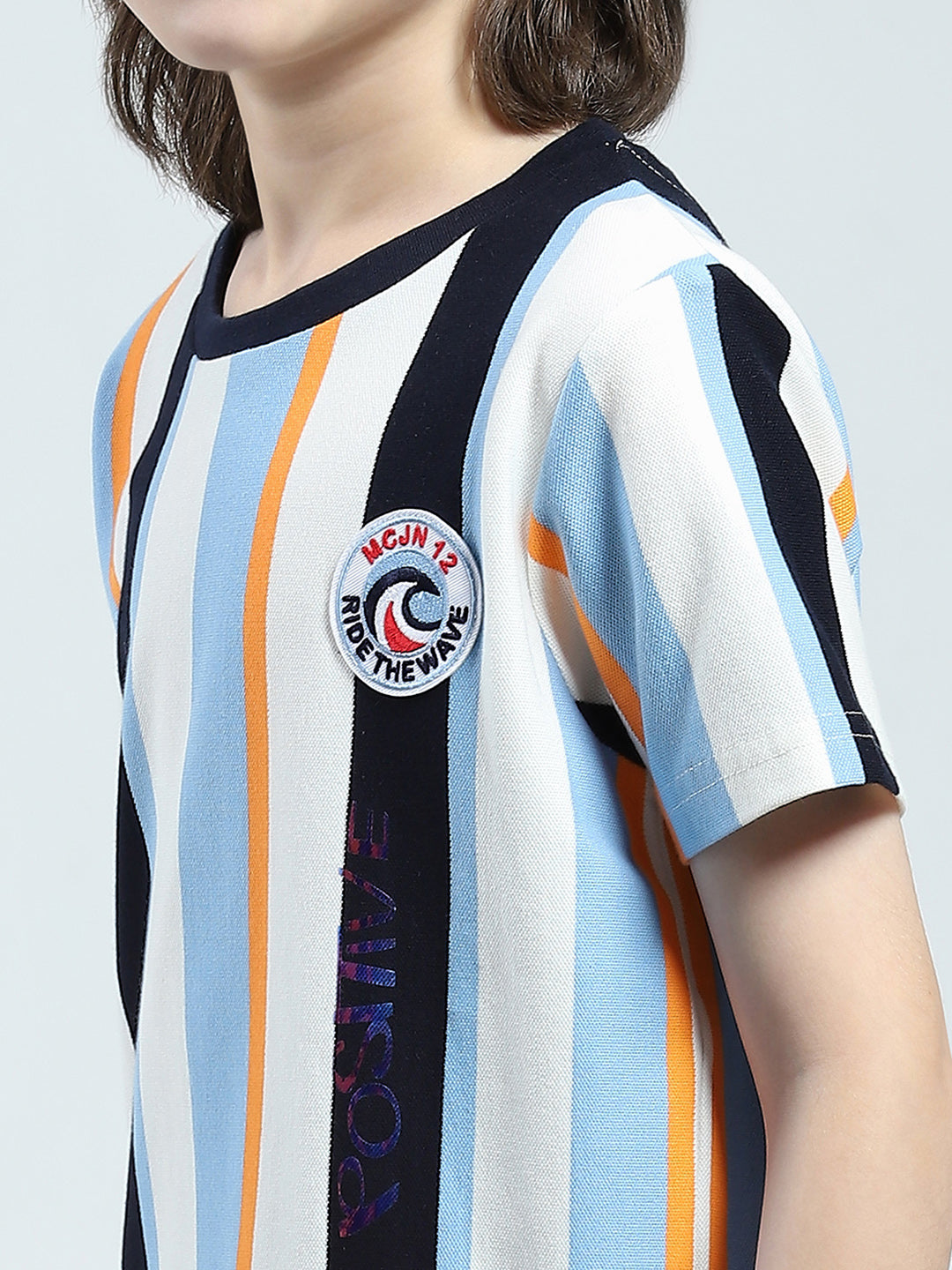 Boys Sky Blue Stripe Round Neck Half Sleeve T-Shirt