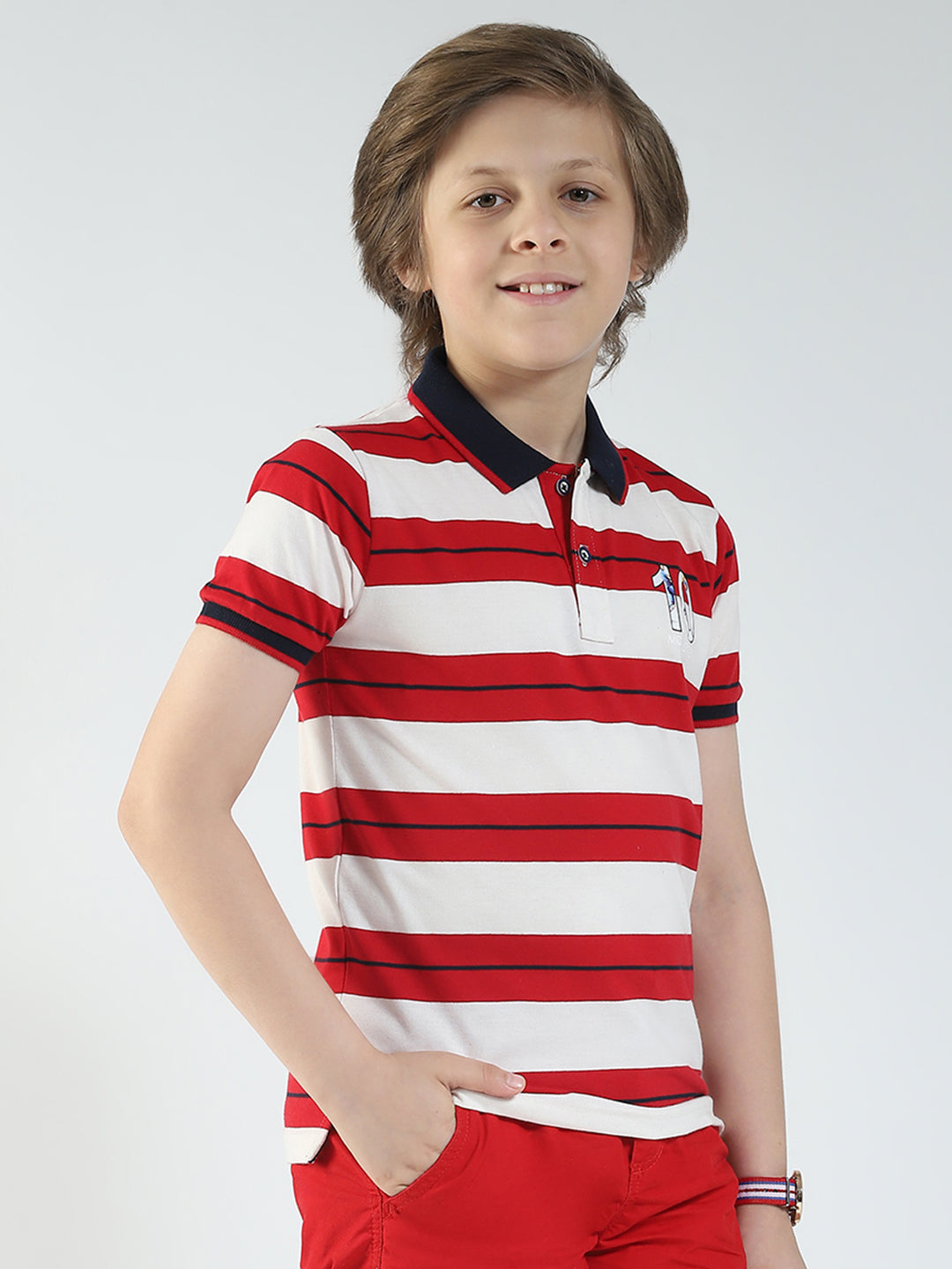 Boys Red Stripe Collar Half Sleeve T-Shirt