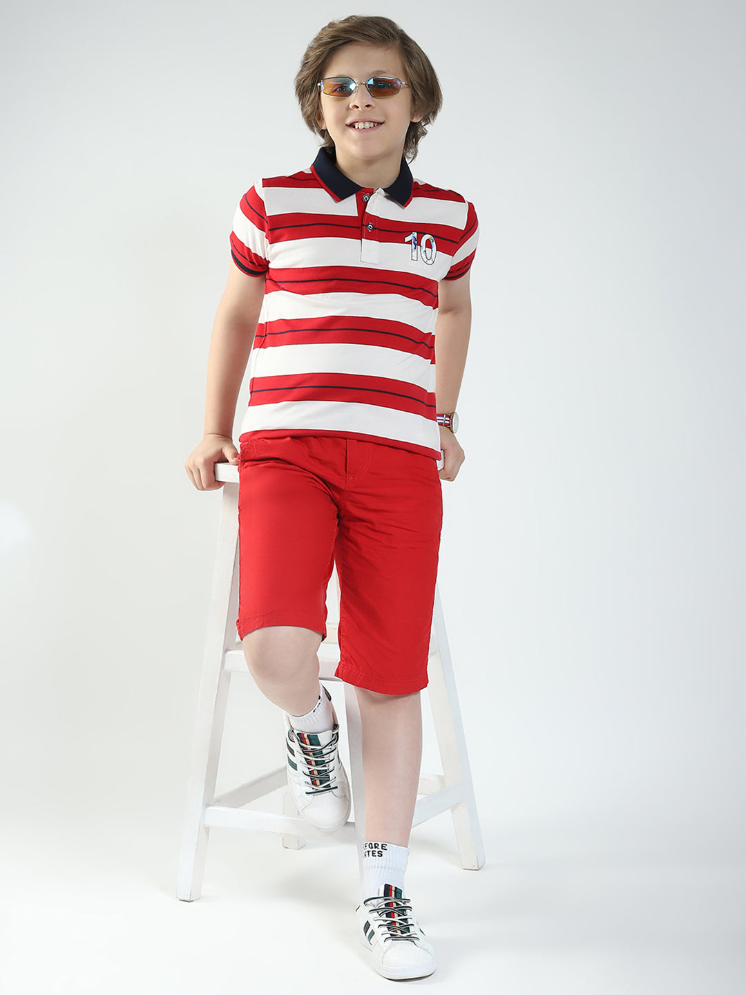 Boys Red Stripe Collar Half Sleeve T-Shirt