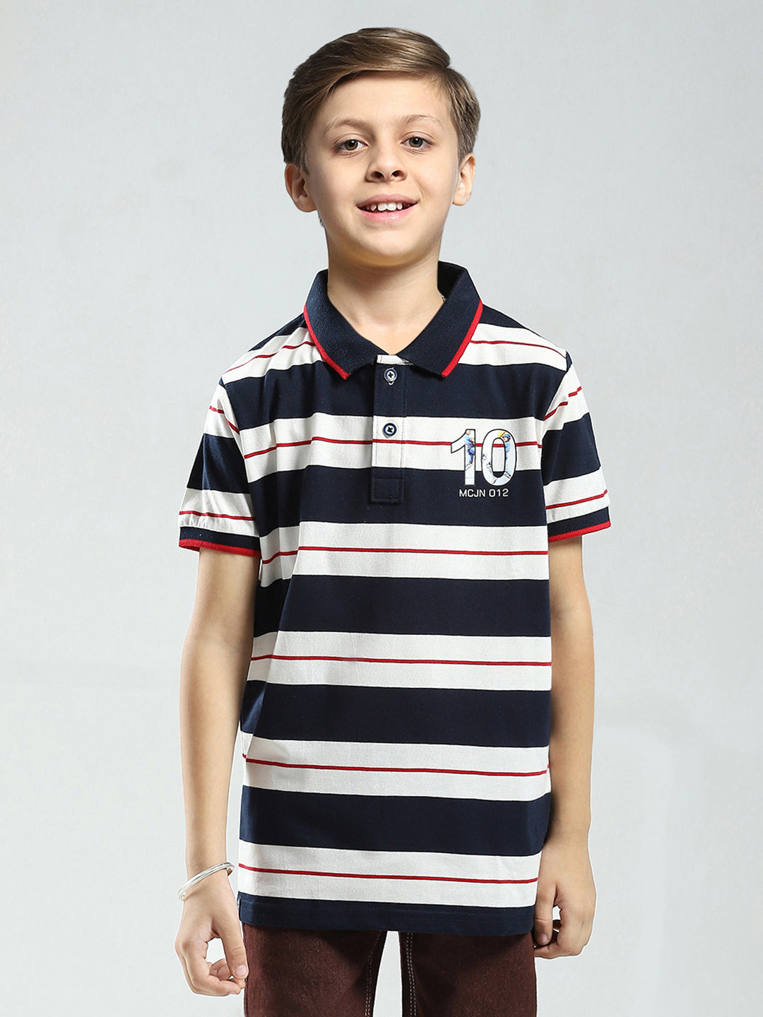 Boys Navy Blue Stripe Collar Half Sleeve T-Shirt
