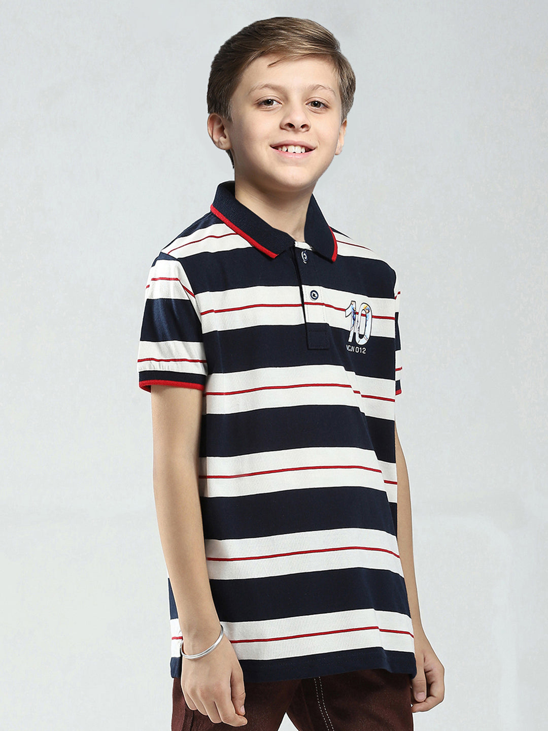Boys Navy Blue Stripe Collar Half Sleeve T-Shirt