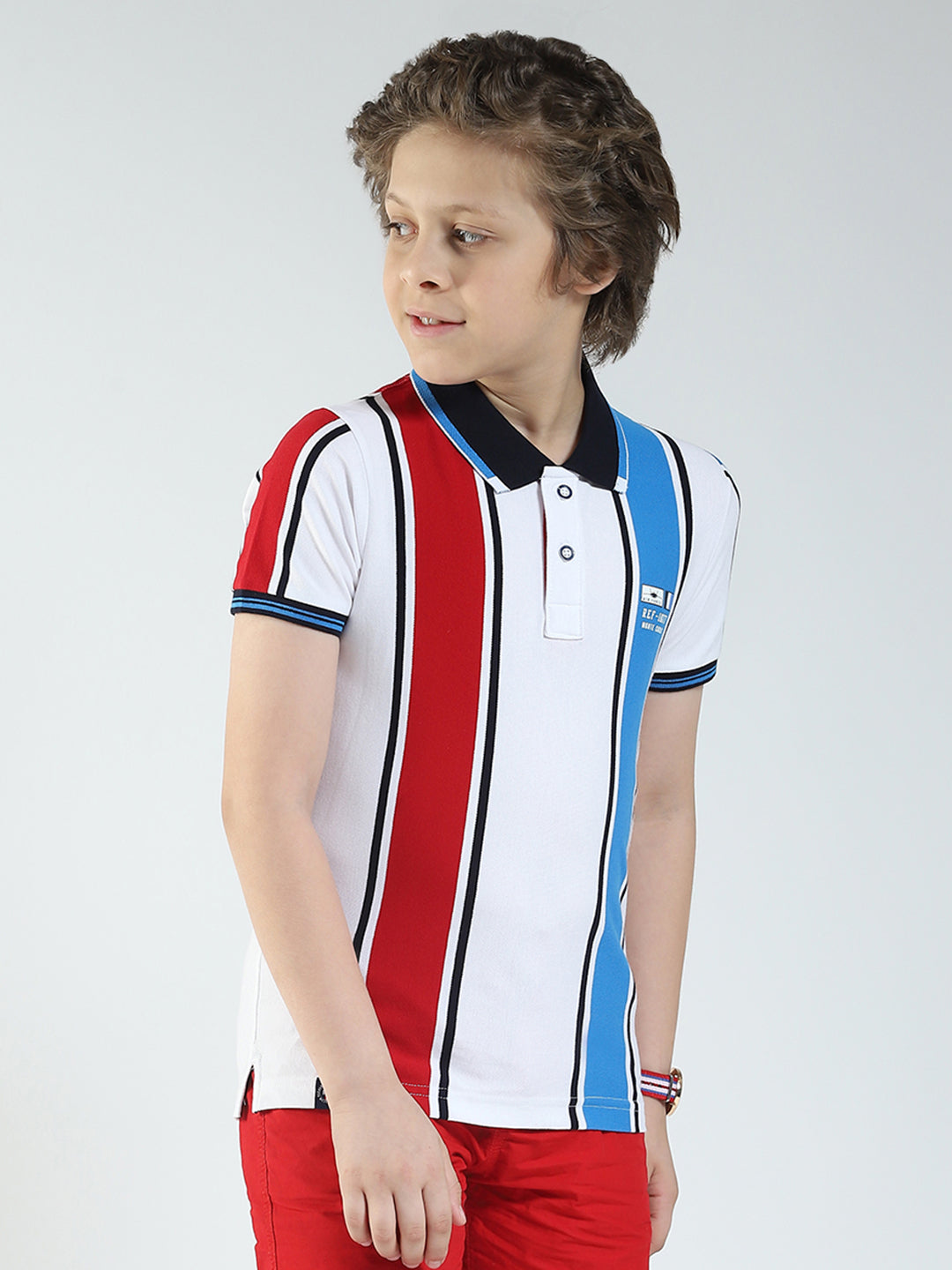 Boys White Stripe Collar Half Sleeve T-Shirt