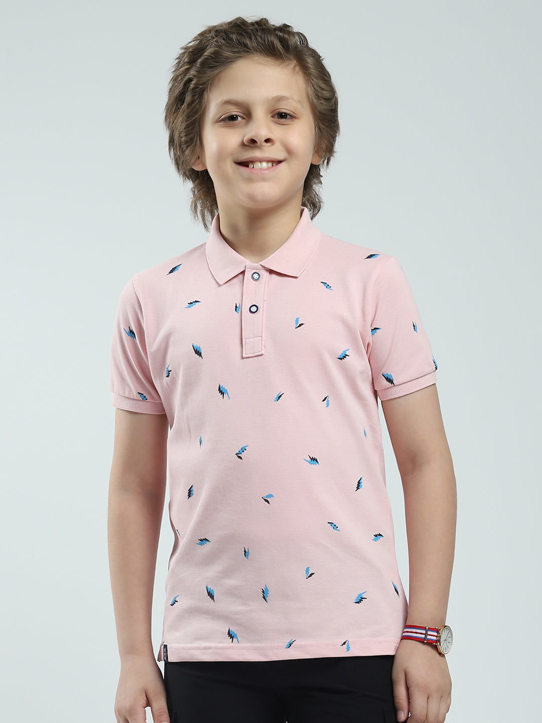 Boys Pink Printed Collar Half Sleeve T-Shirt
