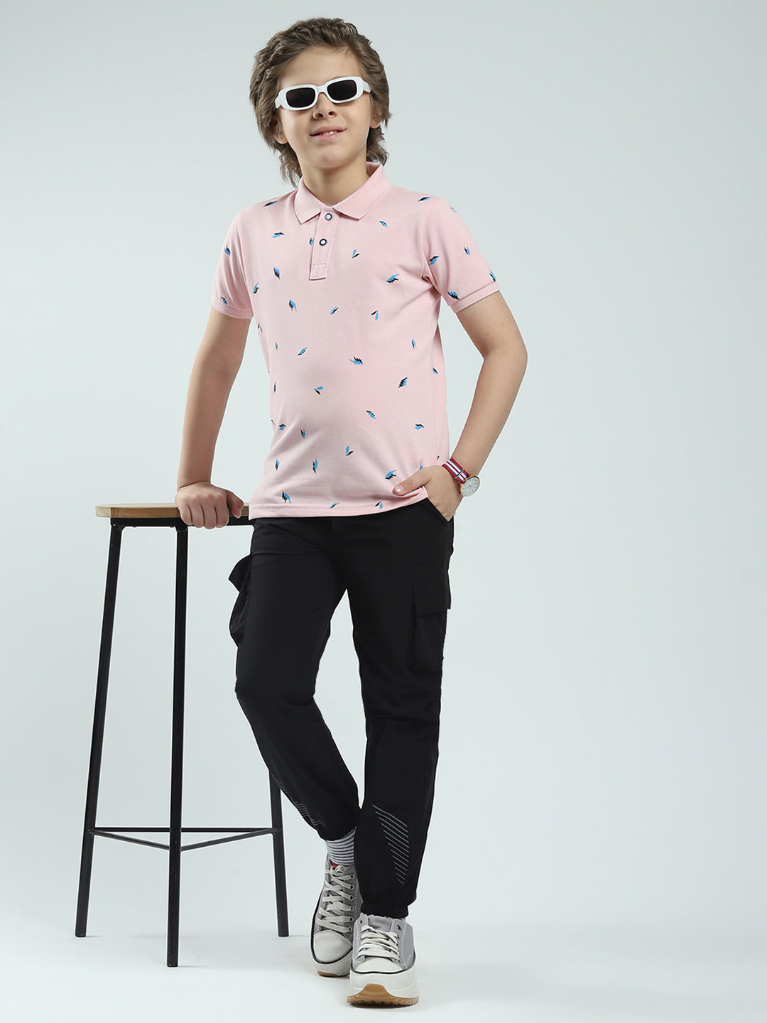 Boys Pink Printed Collar Half Sleeve T-Shirt