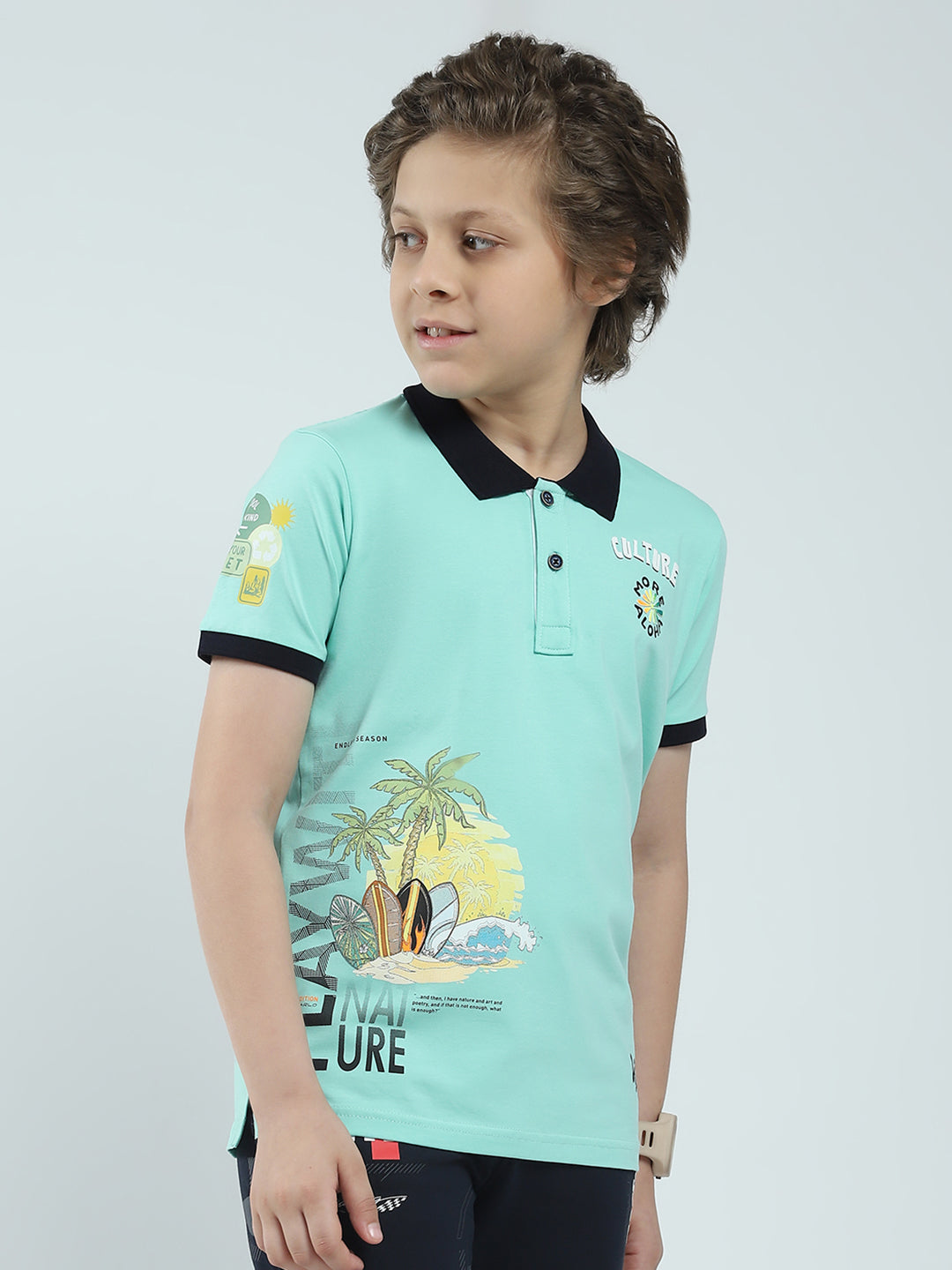 Boys Green Printed Collar Half Sleeve T-Shirt