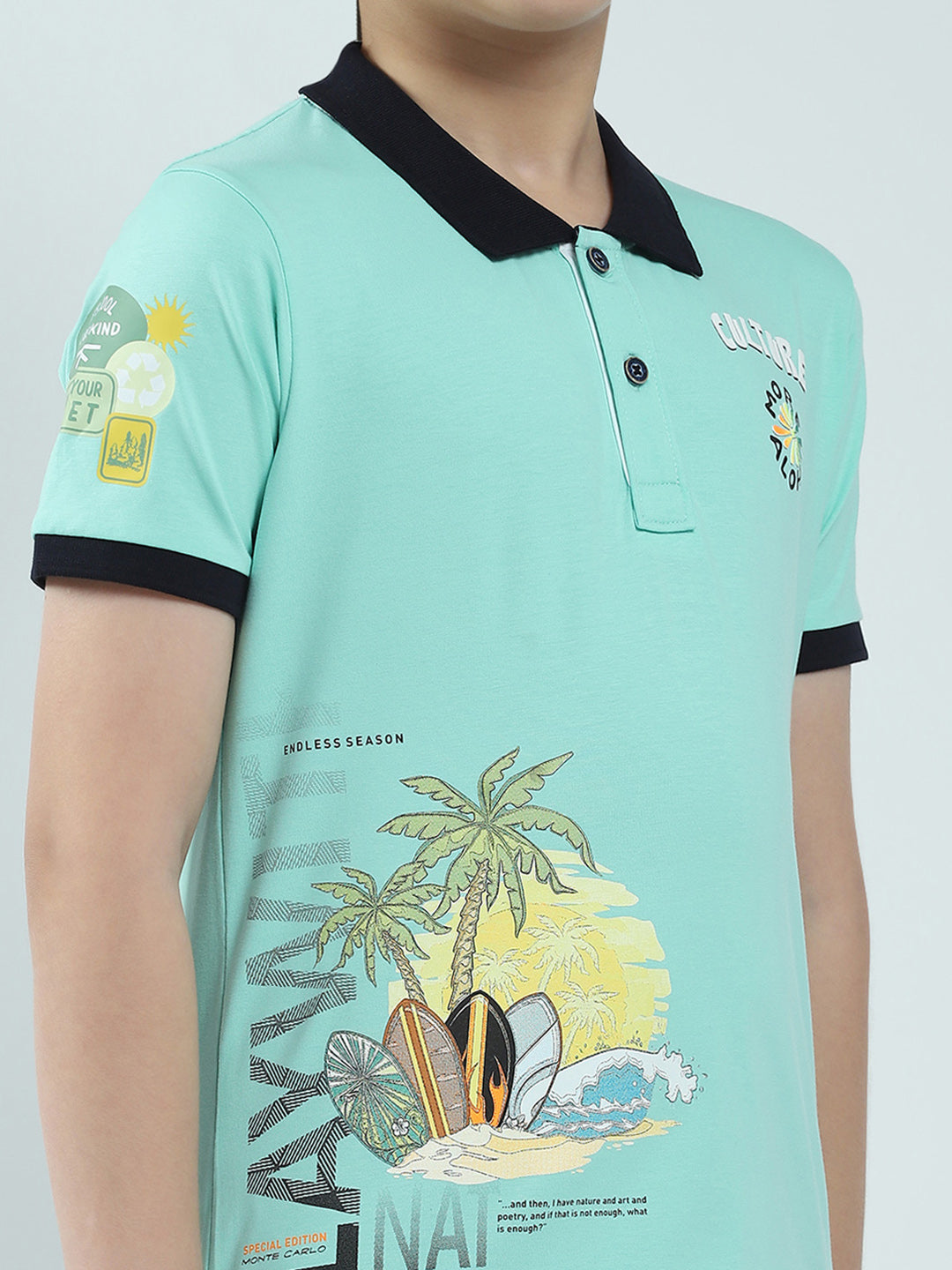 Boys Green Printed Collar Half Sleeve T-Shirt