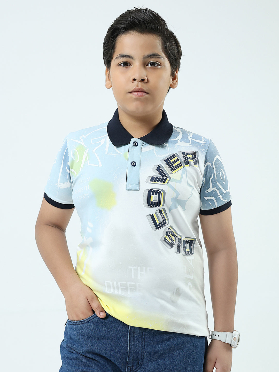 Boys White Printed Collar Half Sleeve T-Shirt