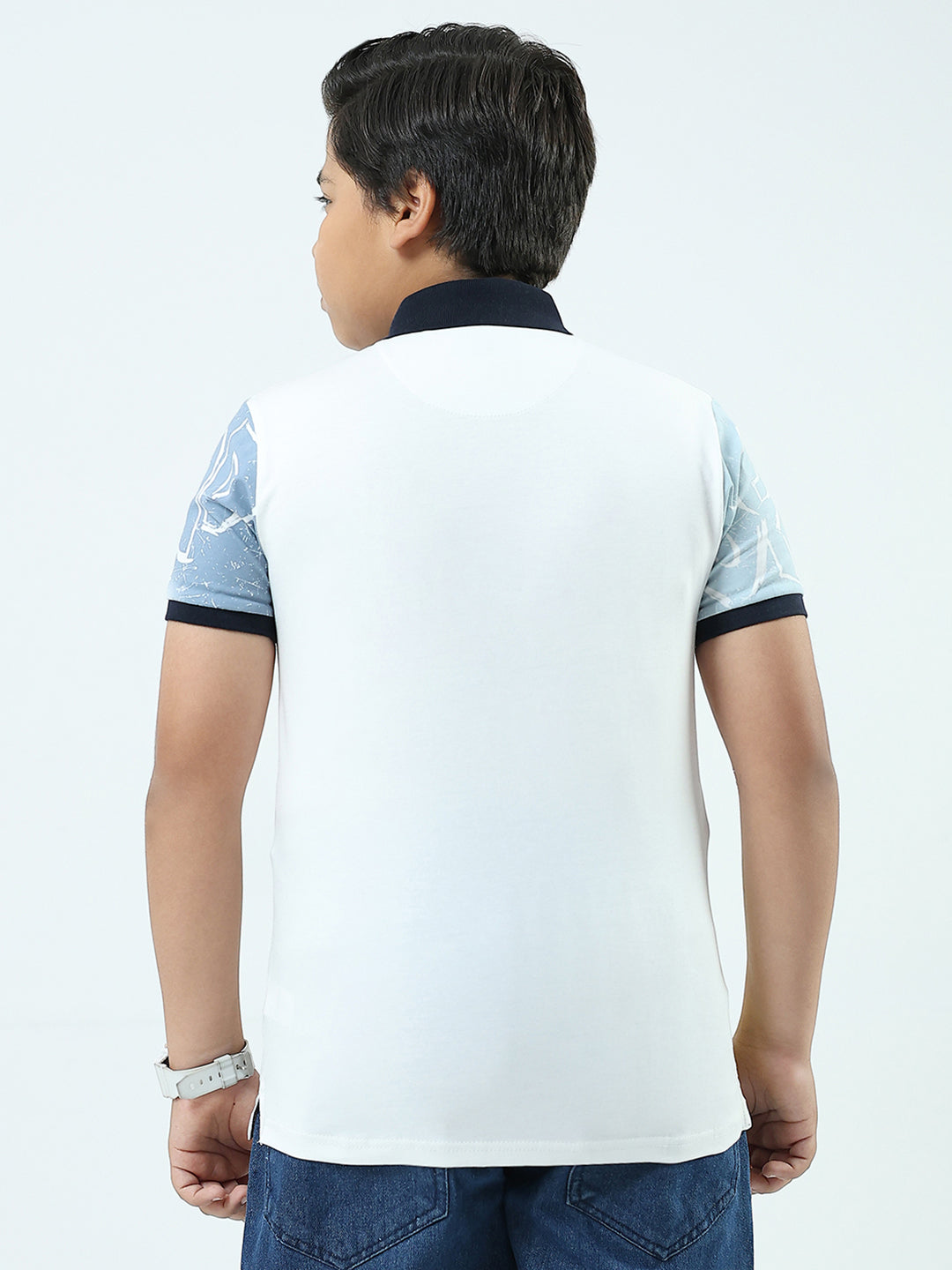 Boys White Printed Collar Half Sleeve T-Shirt