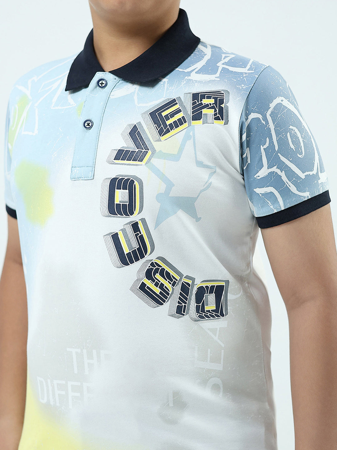 Boys White Printed Collar Half Sleeve T-Shirt