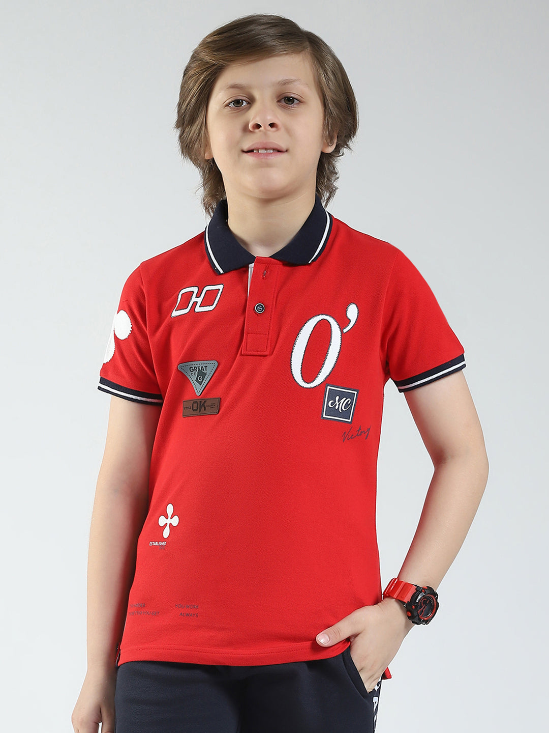 Boys Red Printed Collar Half Sleeve T-Shirt