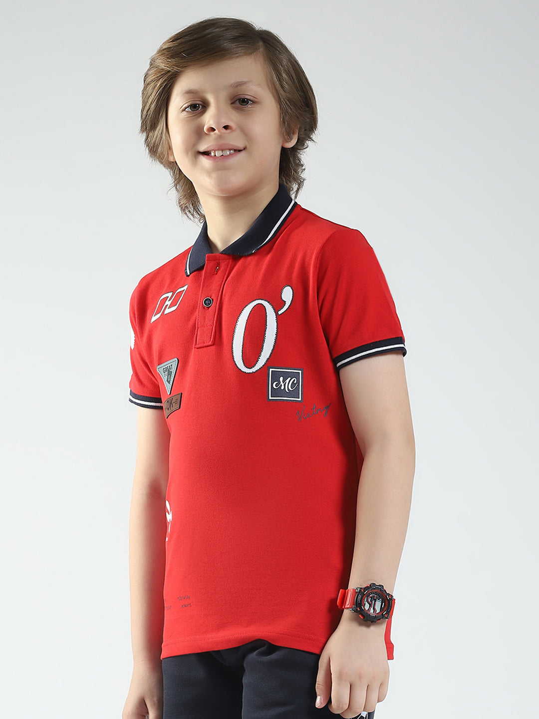 Boys Red Printed Collar Half Sleeve T-Shirt