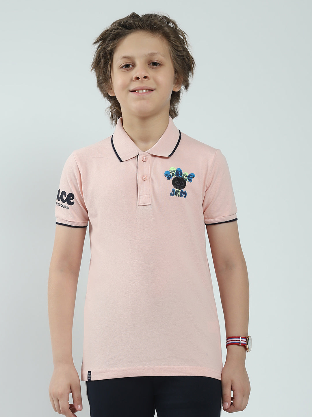 Boys Peach Printed Collar Half Sleeve T-Shirt