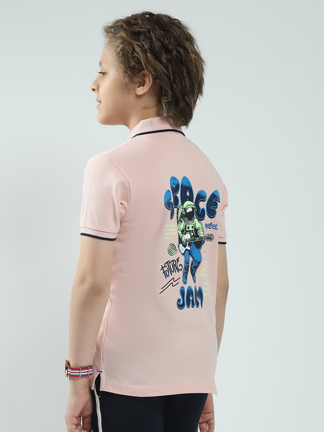 Boys Peach Printed Collar Half Sleeve T-Shirt