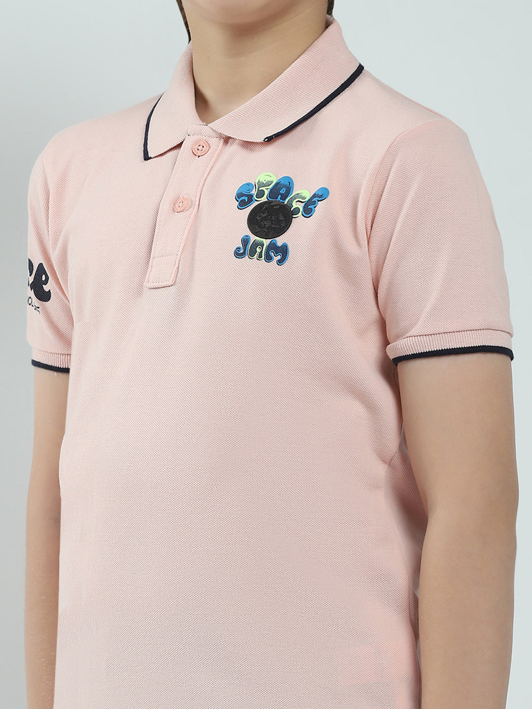 Boys Peach Printed Collar Half Sleeve T-Shirt