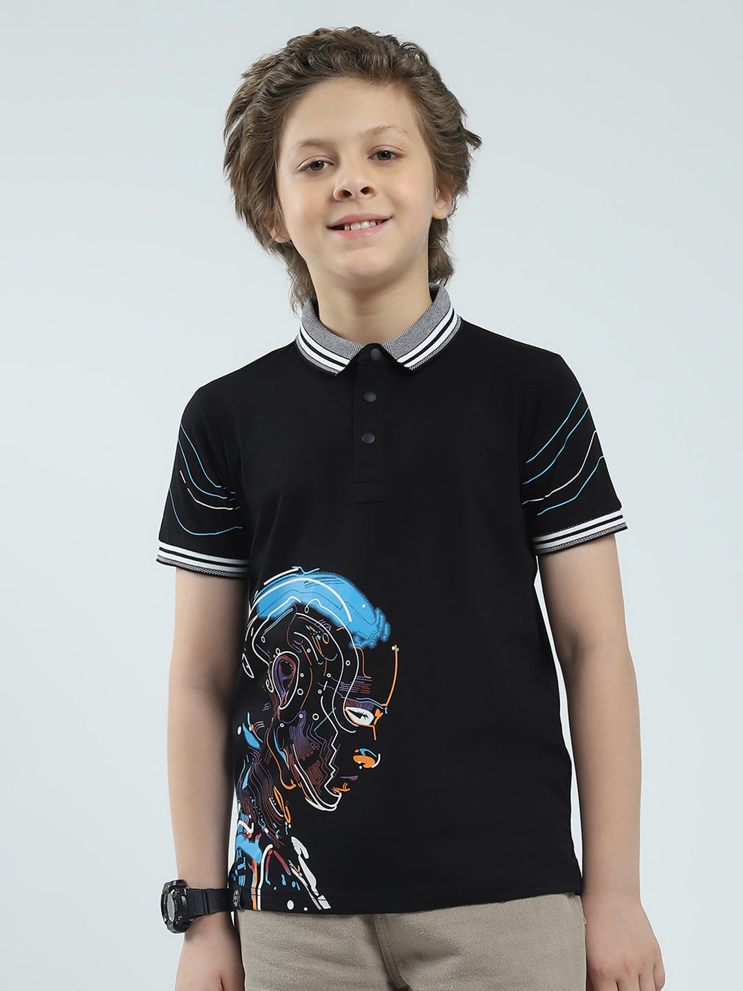 Boys Black Printed Collar Half Sleeve T-Shirt
