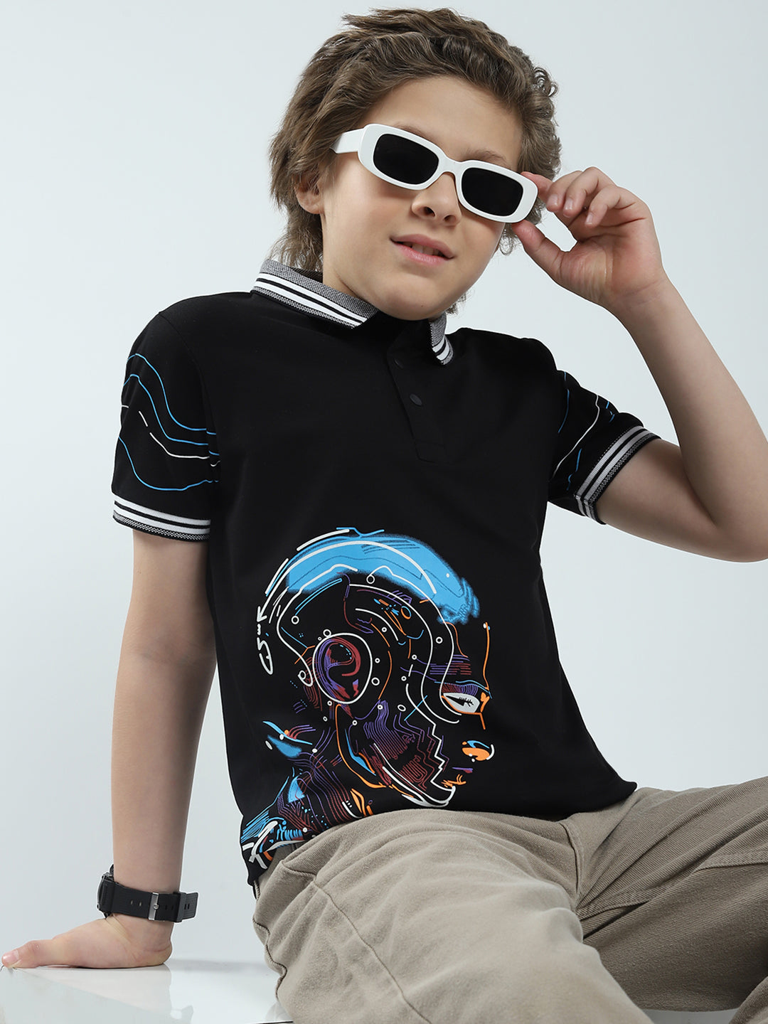 Boys Black Printed Collar Half Sleeve T-Shirt