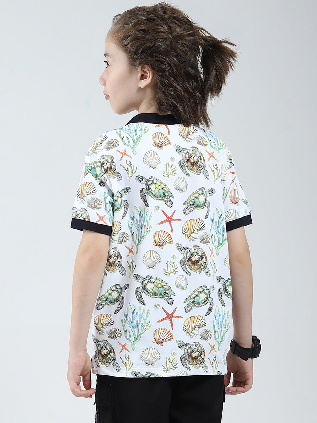 Boys White Printed Collar Half Sleeve T-Shirt